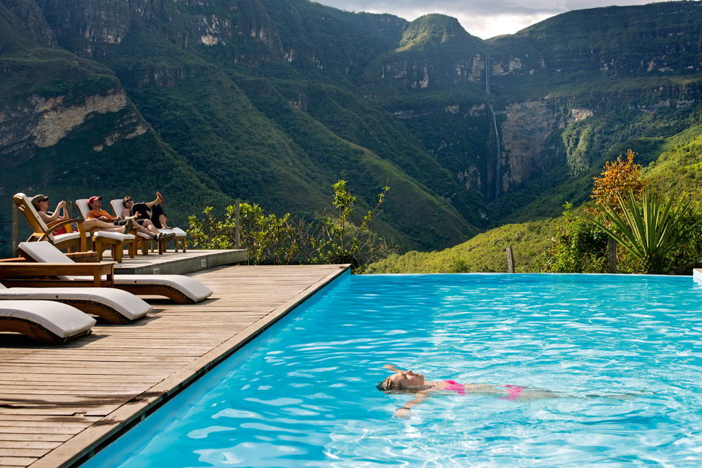 Gocta Andes Lodge pool view of Gocta waterfall