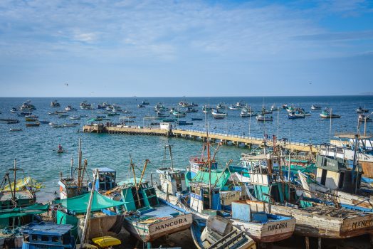 Mancora, Peru - April 18, 2019: Fishing boats in Mancora Marina