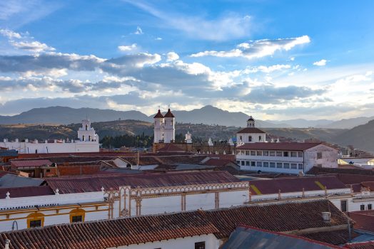 Sunset views over the rooftops of Sucre from the Parador Santa Maria la Real, Sucre, Bolivia