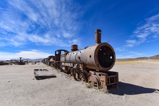 Rusting locomotive engines in the Cemeterio de Trenes (Train Cemetery), Uyuni, Potosi department, Bolivia